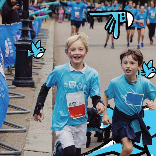 Two boys jogging through a park surrounded by other participants. Doodles of birds surround them.