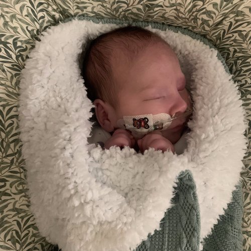 Baby Leo is sleeping. He is wrapped in a woolen blanket.