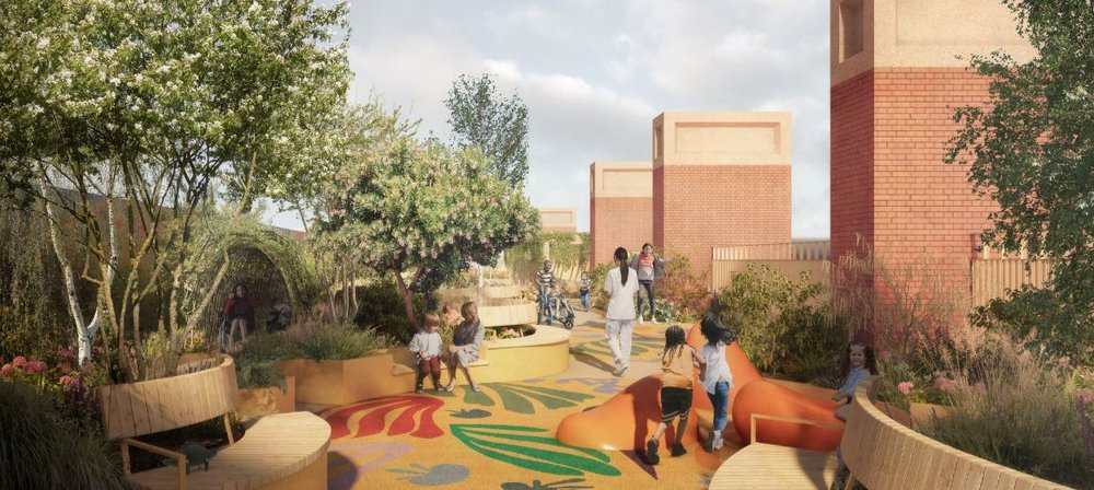 Computer generated image showing the roof garden at the Children's Cancer Centre