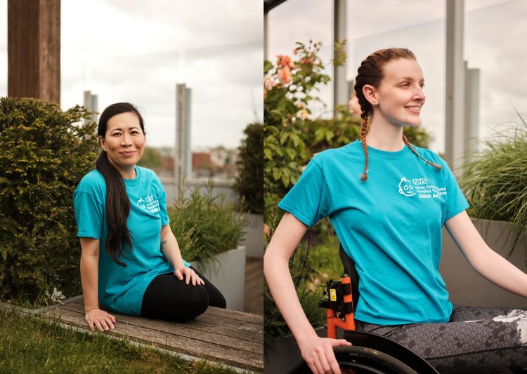 Portraits of staff wearing their GOSH Arts t-shirts and sitting outside. One staff member is sitting on a bench smiling at the camera and the other is in a wheelchair looking out to the distance and smiling.