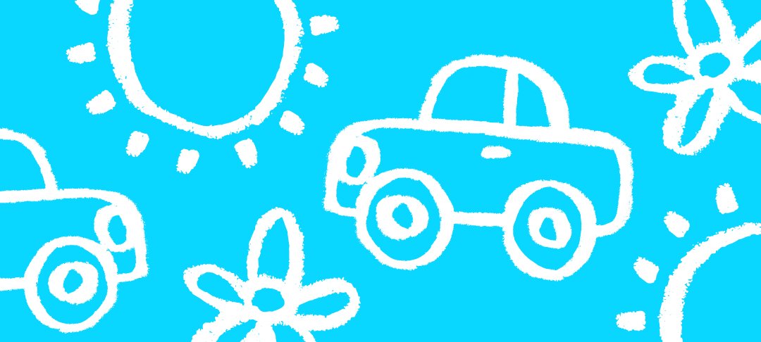 A bright blue background with white doodles of suns, flowers and cars