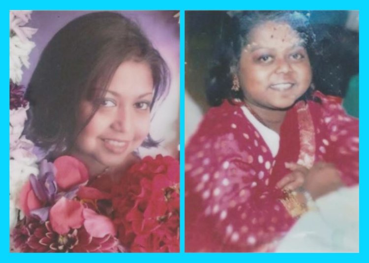 A woman smiling to camera, standing next to flowers. Another woman sitting down at a table and smiling to camera.