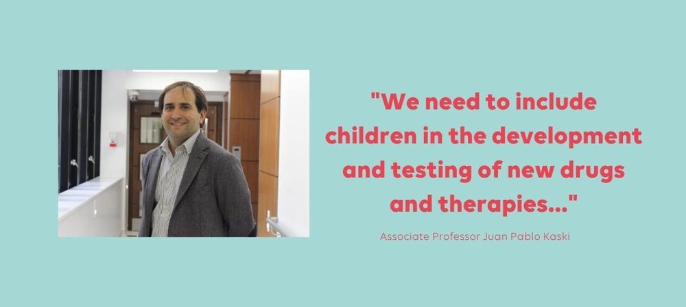 Photo of Juan Kaski next to quote ""We need to include children in the development and testing of new drugs and therapies"