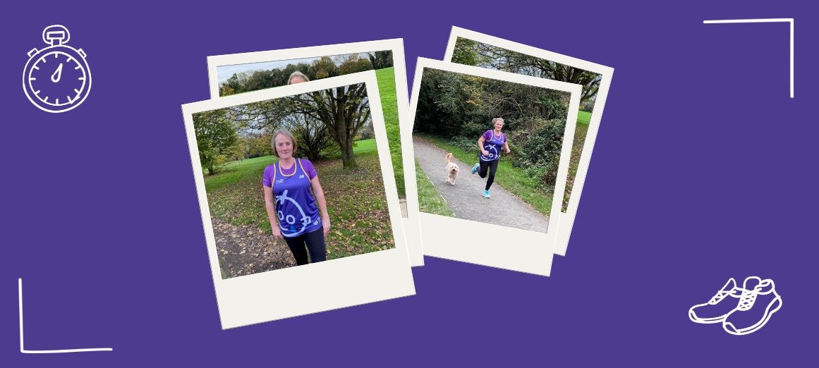 Polaroid illustrations with photos of Louise either standing or running outside, with her dog. Dark purple background with illustration of stopwatch and trainers