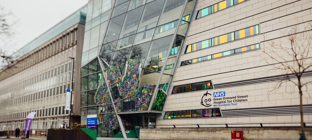 Morgan Stanley Clinical Building at GOSH, with entrance covered in artwork