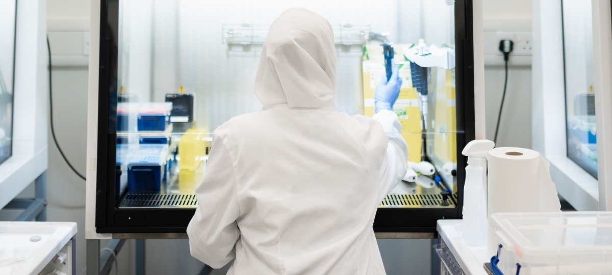 The back of a researcher working in a lab