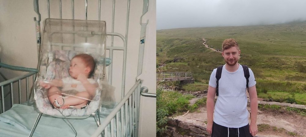 Photo of Rhys in hospital as a baby next to photo of Rhys hiking as an adult