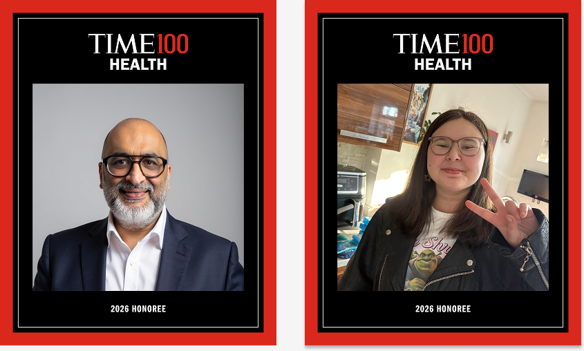 A man smiling next to a picture of a young girl smiling, her fingers  making the peace sign. Text says: TIME100 Health 2026 Honoree