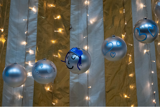Some of the baubles decorated by children at Great Ormond Street Hospital