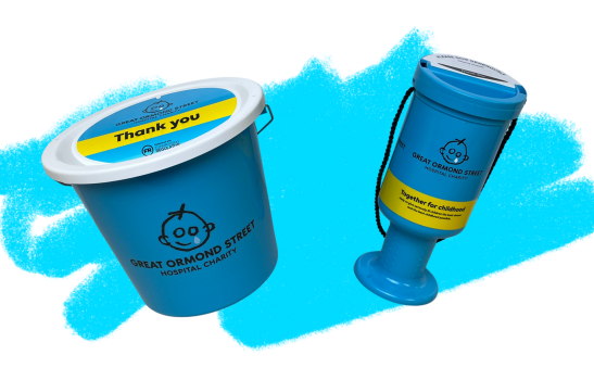 A blue plastic collection bucket and a blue plastic collection pot.