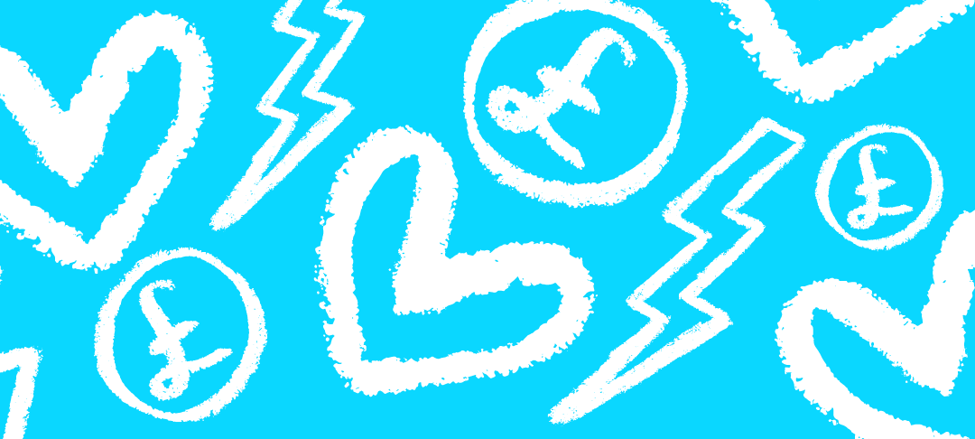 White doodles on a blue background including hearts, lightning bolts and coins.