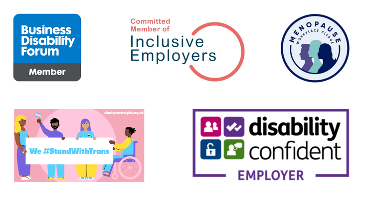 Business Disability Forum, Inclusive Employers, Menopause Workplace Pledge, Stand With Trans and Disability Confident Employer logos