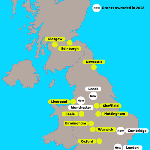 Map of GOSH Charity's National Research Project Grant funding from 2011-2026