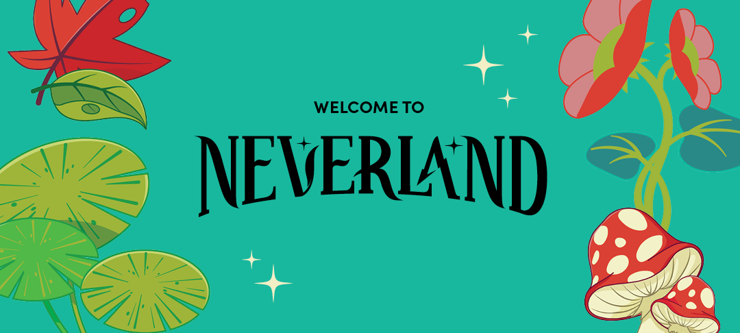 Neverland logo with green background and illustrations of a leaf, toadstool and flowers