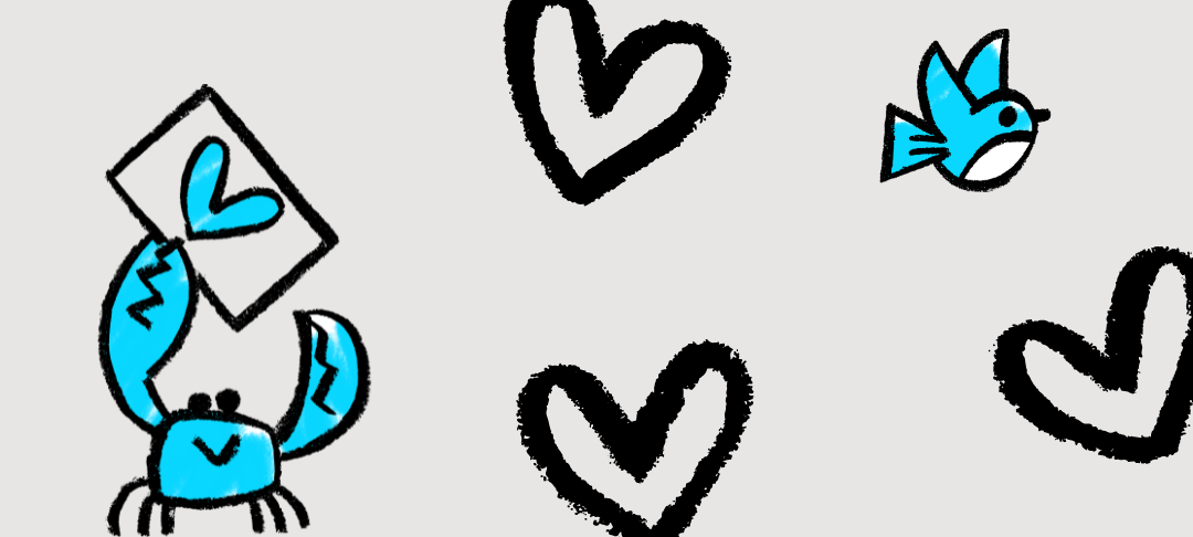 A blue crab on the ground and a blue robin in the sky feature on a grey background with black hearts floating around them