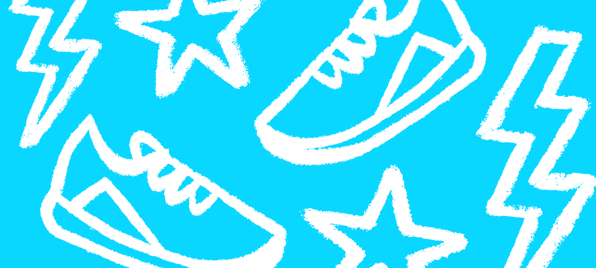 Virtual Events run header. Blue background with white doodles of shoes, lightning and stars