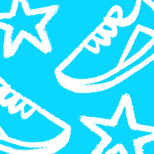 Virtual Events run header. Blue background with white doodles of shoes, lightning and stars