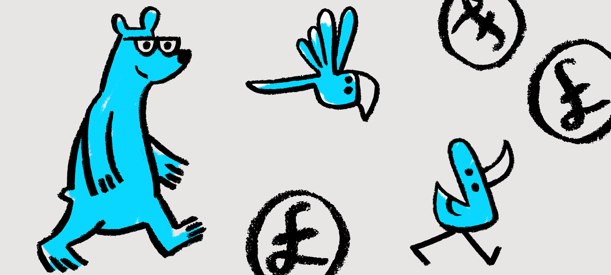 illustrations of pound coin, bear and birds.