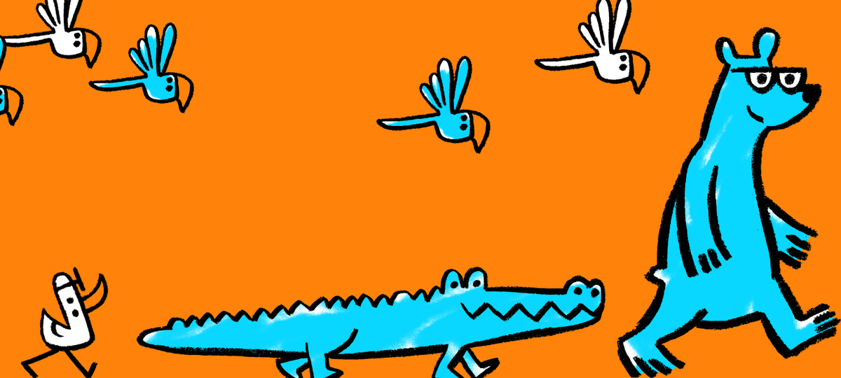 Orange background with blue and white cartoon animals of a bear, crocodile, duck and birds